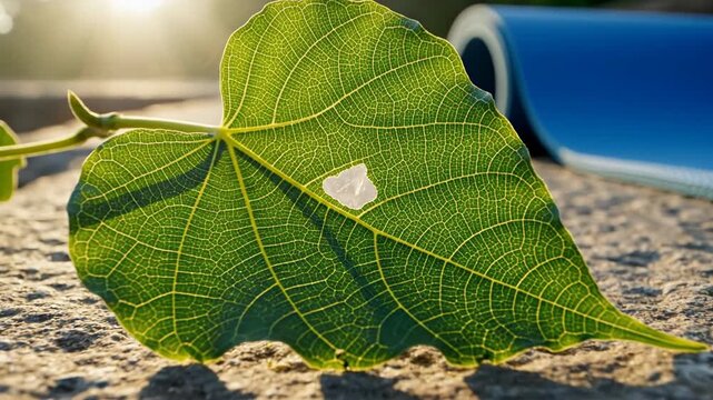 Close up of a vibrant green leaf with visible veins and a small hole illuminated by the warm golden light of sunset casting long shadows on a textured concrete surface with a blurred blue yoga mat in