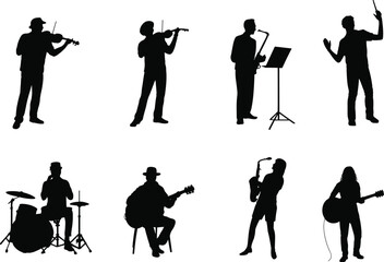 musician silhouettes collection, orchestra band performers, violin saxophone guitar drummer conductor, music performance icons, black artist silhouettes isolated illustration © LT studio