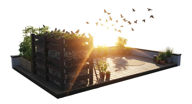 Birds flying over rooftop garden at sunset with wooden deck