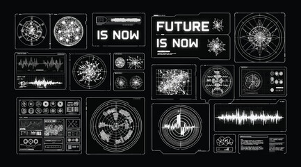 Collection of futuristic technology and data visualization graphics with the phrase future is now on a black background © Saharia