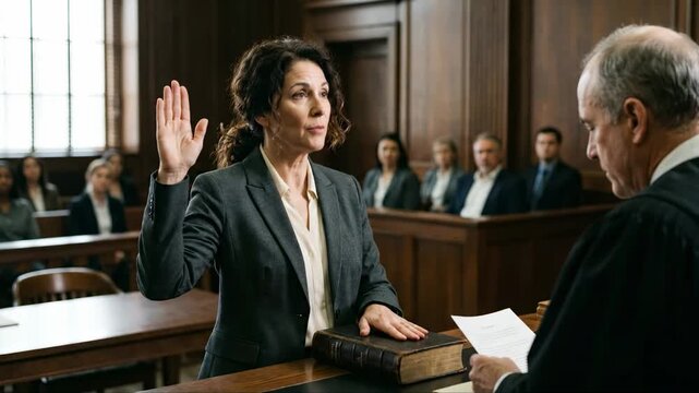 Woman gives oath to judge in courtroom