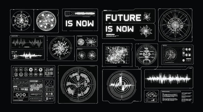 Collection of futuristic technology and data visualization graphics with the phrase future is now on a black background