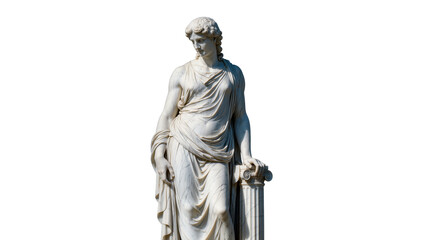 Obraz premium Elegant classical marble statue of a draped female figure, isolated, leaning on an Ionic column, ancient Greek or Roman art sculpture