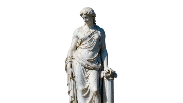 Elegant classical marble statue of a draped female figure, isolated, leaning on an Ionic column, ancient Greek or Roman art sculpture