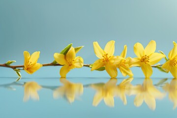 Fototapeta premium Flowers in bloom show bright yellow color on a blue background with reflections in sunlight on still water