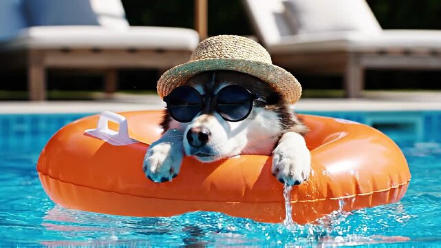 Dog wearing sunglasses and straw hat relaxes on an orange float in a swimming pool, surrounded by sun loungers and greenery in a bright summer setting