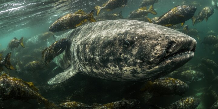 Grande tubar&atilde;o da Groenl&acirc;ndia nadando em &aacute;guas profundas e turvas cercado por um cardume de peixes pequenos em seu habitat natural oce&acirc;nico.