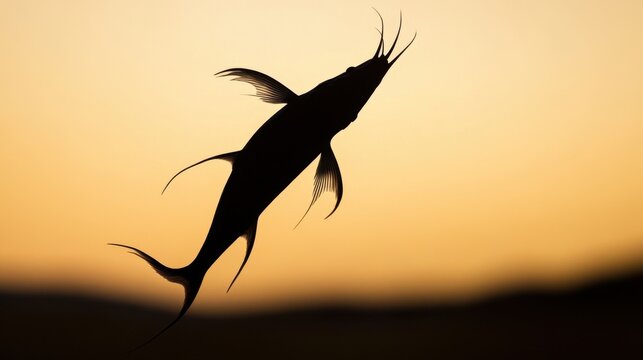 Silhouette d'un poisson-chat sautant hors de l'eau au coucher du soleil avec un ciel orange magnifique en arri&egrave;re-plan flou.