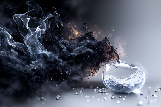 Glass Crystal Sphere Tipped Over Releasing Dark Smoke Explosion with Water Droplets
