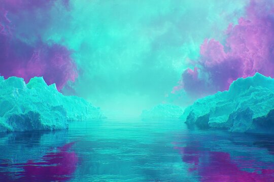 Paisagem surreal de icebergs flutuando em &aacute;guas calmas sob um c&eacute;u vibrante com nuvens roxas e ciano, criando uma atmosfera m&aacute;gica e gelada no &aacute;rtico.