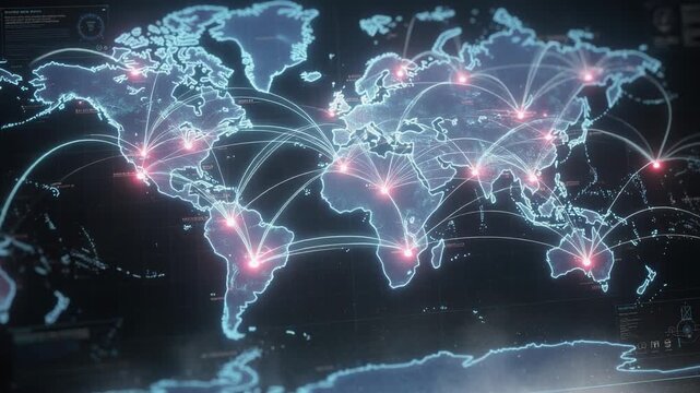 Global digital network connections map showing international data flow and communication hubs worldwide