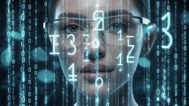 Futuristic technology concept with woman wearing glasses and digital binary code overlay
