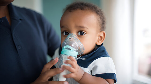 Young African American Child Receive Nebulizer Treatment from Parent for Respiratory Illness or Asthma Condition at Home or in Clinic