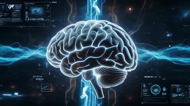 Futuristic digital brain concept with electric neural connections and technology data interface