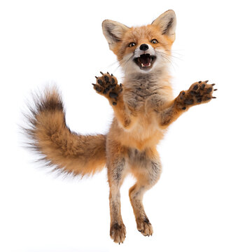Playful young red fox jumping in the air with paws outstretched and mouth open isolated on a clean white background