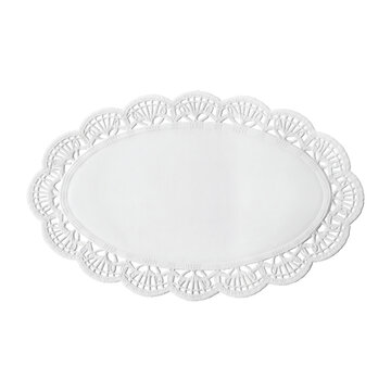 An oval shaped white paper doily with intricate lace-like scalloped edges and a smooth central oval area decorative placement or serving small on a white background