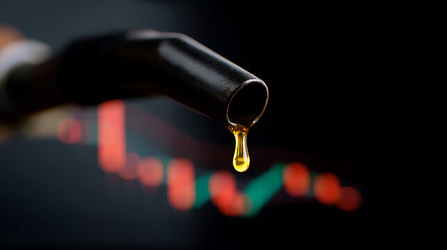 Golden oil drop descending from a black fuel nozzle against a blurred background of financial market charts, dark and intense atmosphere