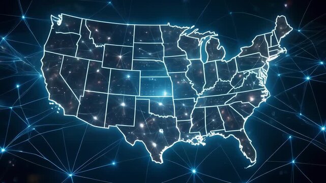 Digital map of the United States with glowing network connections and illuminated state borders