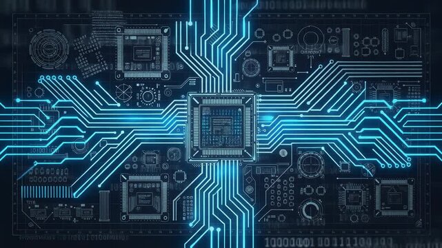 Glowing blue futuristic computer circuit board with microchips and digital connections technology concept