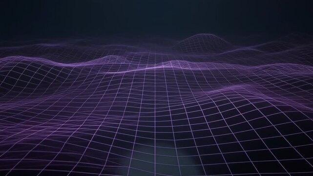 Abstract digital landscape with glowing purple grid lines and wave patterns in a dark futuristic environment