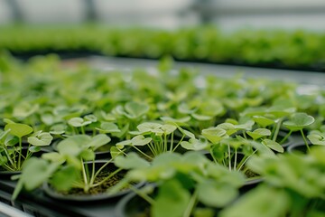 Fototapeta premium Green plants grow in trays inside a greenhouse during the day with sunlight shining through the structure
