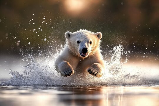 Um filhote de urso polar corre alegremente pela &aacute;gua criando grandes respingos durante o p&ocirc;r do sol em um ambiente natural selvagem e g&eacute;lido.