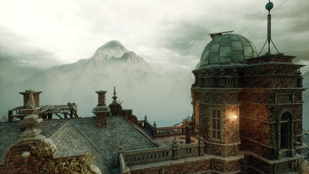 foggy stone dome with warm lanterns. rooftop parapet overlooking misty valley, aged metal antenna, soft snowfall, amber reflections on wet masonry, quiet vigil