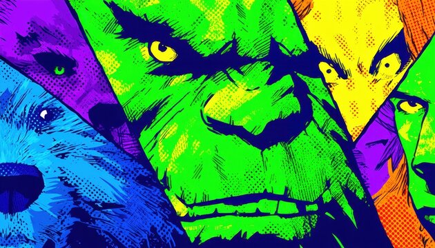 Arte digital estilo quadrinhos apresentando diversos monstros expressivos em cores neon intensas com texturas de ret&iacute;cula e design criativo moderno.