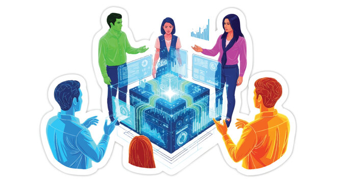 People collaborating around a glowing blue cube technology concept