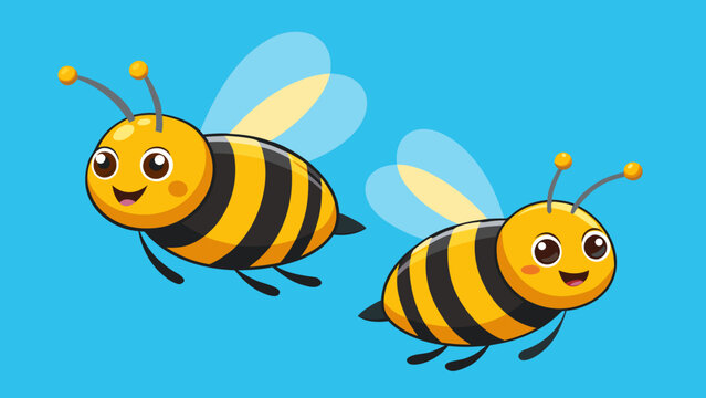 "A professional, high-resolution cartoon illustration of two cute stylized honeybees flying toward each other, isolated on a solid, vibrant sky-blue background. Each bee features classic yellow and bl