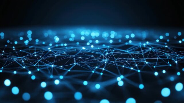 Abstract image of interconnected glowing blue nodes on a dark background. Nodes create a network