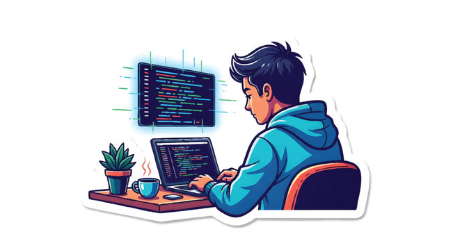 programmer working on computer with code on screen