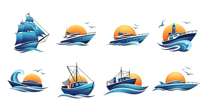 Collection of stylized ocean vessels, varying in design, navigating blue waves, with a radiant sun and birds in flight