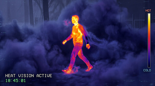 Man walking in thermal imaging heat vision concept