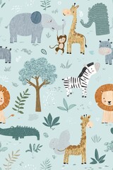 Fototapeta premium Cute cartoon jungle animals seamless pattern. Safari animals pattern with giraffes, elephants, and lions on a light blue background