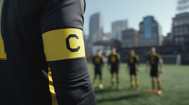 Soccer player wears a captain's armband, leading a team on a vibrant green field with urban buildings in the background, showing leadership and teamwork