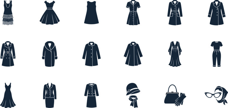 Professional Vintage and Retro Women's Fashion Icon Set Featuring Classic Flapper Dresses Trench Coats Fur Coats Pillbox Hats and Elegant 1950s Style Apparel