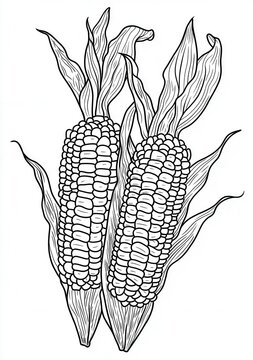 Desenho de linha detalhado representando duas espigas de milho maduras com folhas, perfeito para livros de colorir e temas de colheita rural.