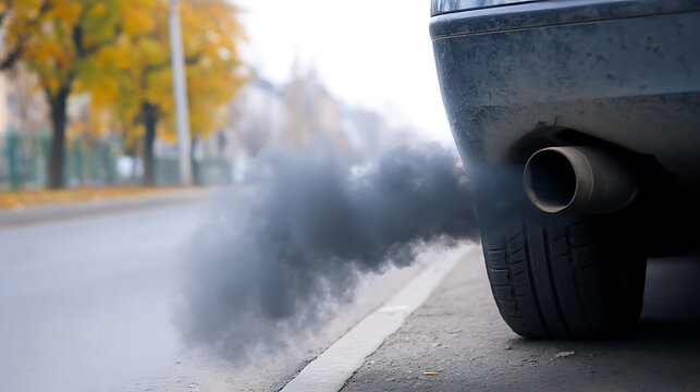 Vehicle exhaust discharge shows pollution and environmental damage, car emissions on urban street with blurred background, climate change concept