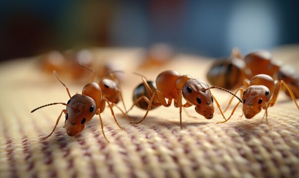 Macro fotografia detalhada de um grupo de formigas vermelhas caminhando sobre uma superf&iacute;cie de tecido texturizado com foco seletivo no primeiro plano.