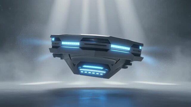Futuristic drone with glowing blue lights hovering in foggy environment with spotlight beams