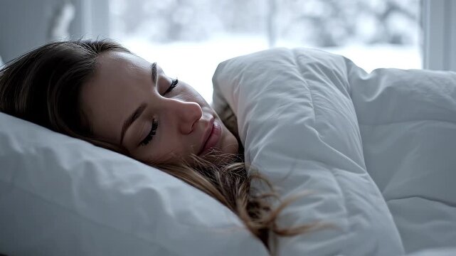 Caucasian woman peacefully sleeping in a cozy bed, wrapped in a white comforter, with soft natural light illuminating the serene bedroom setting