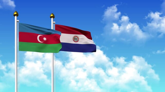 Waving flags of AZERBAIJAN and PARAGUAY on pole included with alpha