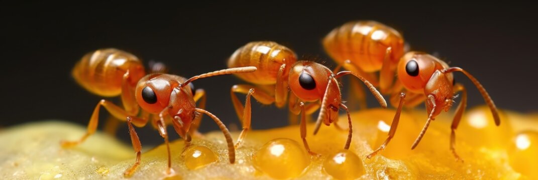 Close-up macro de formigas oper&aacute;rias se alimentando de gotas de mel doce, destacando a anatomia do inseto e o comportamento social.