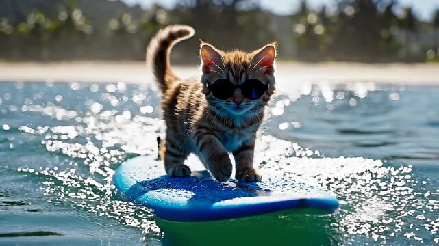 Cat wearing sunglasses balances on a blue surfboard while gliding across the shimmering ocean water under a bright sunny sky with palm trees in the background