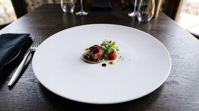 Gourmet steak fine dining meal on white plate