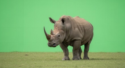 Obraz premium Young Rhinoceros Standing on Grass with Green Screen Background