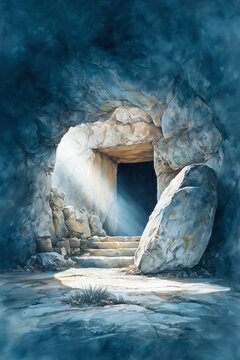 Tomb of Jesus Christ Open in blue stone cave with heavenly light revealing empty burial place symbolizing resurrection hope faith