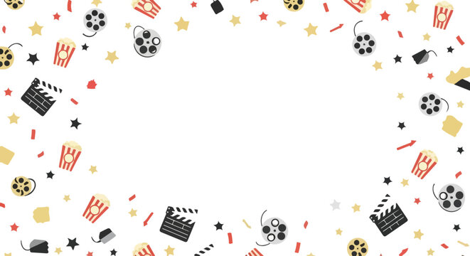 Cinema themed decorative border with popcorn, film reels, stars, and confetti on transparent grey background