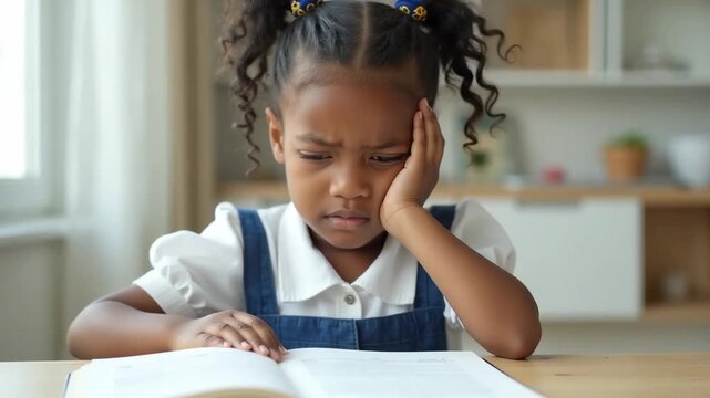 Bored little black girl bored with his homework. Concept of education, child psychology, parenting blogs